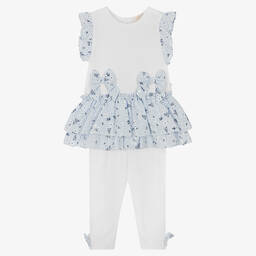 Caramelo Kids-Girls Blue & White Cotton Leggings Set | Childrensalon Outlet