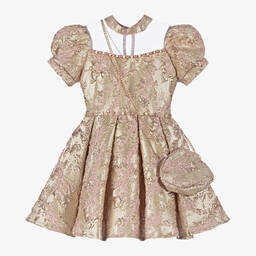 Caramelo Kids-Girls Gold & Pink Jacquard Dress Set | Childrensalon Outlet