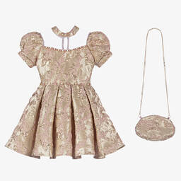 Caramelo Kids-Girls Gold & Pink Jacquard Dress Set | Childrensalon Outlet