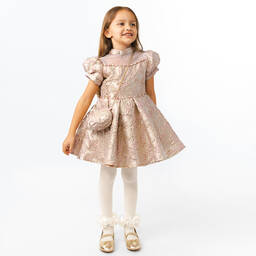 Caramelo Kids-Girls Gold & Pink Jacquard Dress Set | Childrensalon Outlet