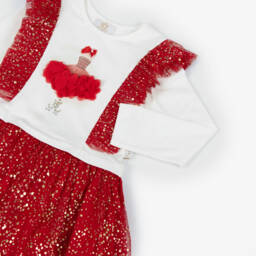 Caramelo Kids-Girls Ivory Jersey & Red Tulle Dress with Gold Dots | Childrensalon Outlet