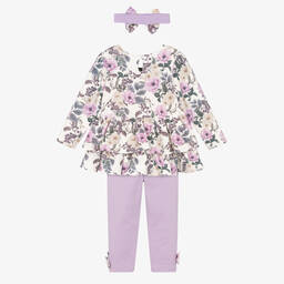 Caramelo Kids-Girls Ivory & Purple Cotton Leggings Set | Childrensalon Outlet