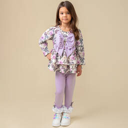Caramelo Kids-Girls Ivory & Purple Cotton Leggings Set | Childrensalon Outlet