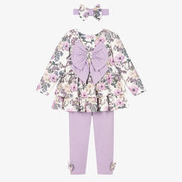 Caramelo Kids-Girls Ivory & Purple Cotton Leggings Set | Childrensalon Outlet