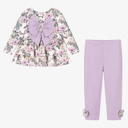 Caramelo Kids-Girls Ivory & Purple Cotton Leggings Set | Childrensalon Outlet