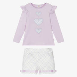 Caramelo Kids-Girls Pale Lilac Purple Shorts Set with Heart Motifs | Childrensalon Outlet