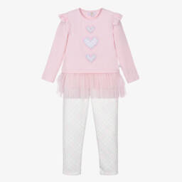 Caramelo Kids-Girls Pink Cotton Leggings Set with Heart Motifs | Childrensalon Outlet