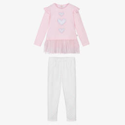 Caramelo Kids-Girls Pink Cotton Leggings Set with Heart Motifs | Childrensalon Outlet
