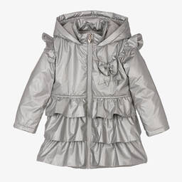Caramelo Kids-Girls Silver Hooded Ruffes Coat | Childrensalon Outlet