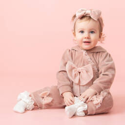 Caramelo Kids-Girls Velour Pink Bow Romper | Childrensalon Outlet