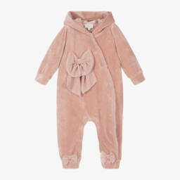 Caramelo Kids-Girls Velour Pink Bow Romper | Childrensalon Outlet