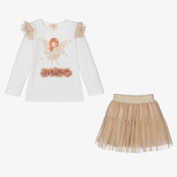 Caramelo Kids-Белый топ с феей и бежевая юбка из тюля | Childrensalon Outlet