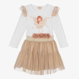 Caramelo Kids-Белый топ с феей и бежевая юбка из тюля | Childrensalon Outlet