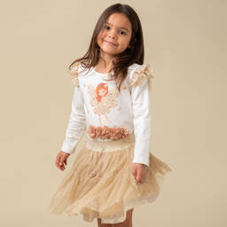 Caramelo Kids-Белый топ с феей и бежевая юбка из тюля | Childrensalon Outlet