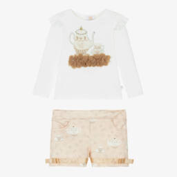 Caramelo Kids-Girls White & Beige Tea Party Shorts Set | Childrensalon Outlet