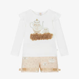Caramelo Kids-Girls White & Beige Tea Party Shorts Set | Childrensalon Outlet
