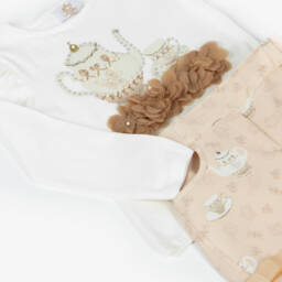 Caramelo Kids-Girls White & Beige Tea Party Shorts Set | Childrensalon Outlet