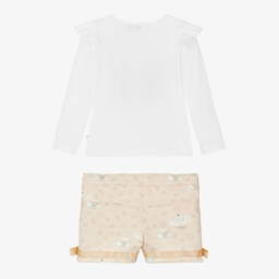 Caramelo Kids-Girls White & Beige Tea Party Shorts Set | Childrensalon Outlet