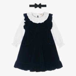 Caramelo Kids-Girls White Blouse & Navy Blue Velvet Dress Set | Childrensalon Outlet