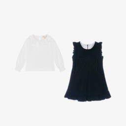 Caramelo Kids-Girls White Blouse & Navy Blue Velvet Dress Set | Childrensalon Outlet