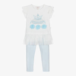 Caramelo Kids-Girls White & Blue Cotton Leggings Set | Childrensalon Outlet