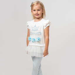 Caramelo Kids-Girls White & Blue Cotton Leggings Set | Childrensalon Outlet