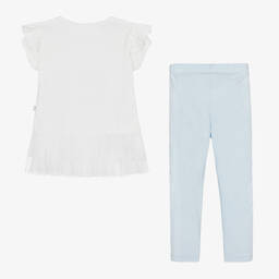 Caramelo Kids-Girls White & Blue Cotton Leggings Set | Childrensalon Outlet