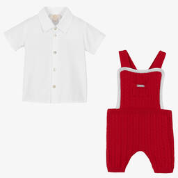 Caramelo Kids-Red Knit Baby Dungaree Shorts Set | Childrensalon Outlet