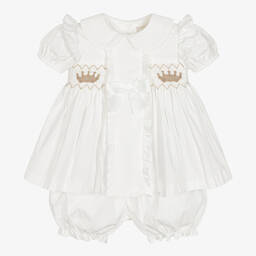 Caramelo Kids-White Dress & Bloomers Set | Childrensalon Outlet