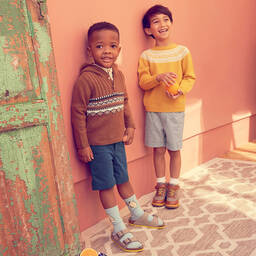 كاريمون بو-بوت أطفال ولادي جلد وقماش بأربطة لون بني ورمادي | Childrensalon Outlet