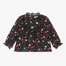 Carrément Beau-Girls Blue Flowers & Apples Twill Blouse | Childrensalon Outlet