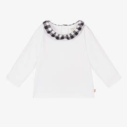 Carrément Beau-Girls White Cotton Check Collar Top | Childrensalon Outlet