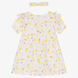 Carrément Beau-Белое хлопковое платье и повязка на голову с цветами и лимонами | Childrensalon Outlet