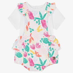 Carrément Beau-Girls White & Pink Cotton Dungarees Set | Childrensalon Outlet