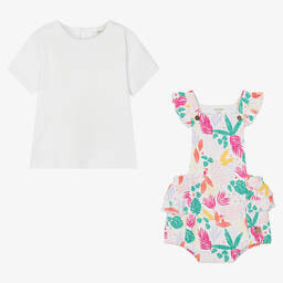 Carrément Beau-Girls White & Pink Cotton Dungarees Set | Childrensalon Outlet
