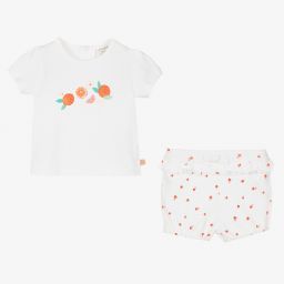كاريمون بو-طقم شورت قطن عضوي لون أبيض وبرتقالي للمولودات | Childrensalon Outlet