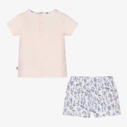 Carrément Beau-طقم شورت قطن عضوي لون زهري وأبيض بطبعة ورود | Childrensalon Outlet