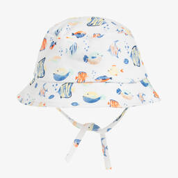 Carrément Beau-White & Blue Fish Organic Baby Sun Hat | Childrensalon Outlet
