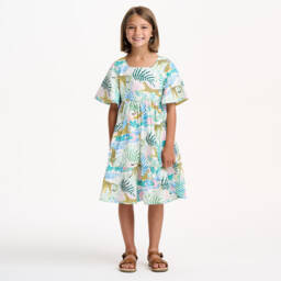 Catimini-فستان قطني أخضر بنقشة الغابة للبنات | Childrensalon Outlet