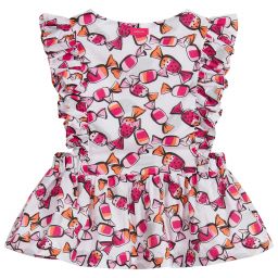 Catimini-بلوز قطن لون أبيض وزهري | Childrensalon Outlet