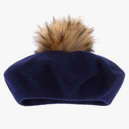Catya-Blue Faux Fur Pom-Pom Beret  | Childrensalon Outlet