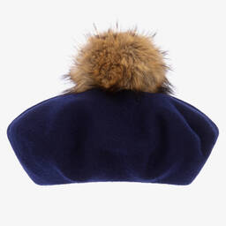 Catya-Blue Faux Fur Pom-Pom Beret  | Childrensalon Outlet