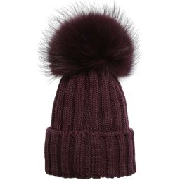 Dark Purple Wool Hat with Fur Pom-Pom 