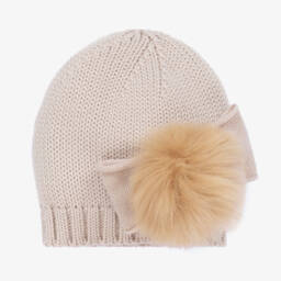 Catya-Girls Beige Merino Pom-Pom Beanie | Childrensalon Outlet