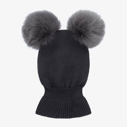Catya-Серая шерстяная балаклава с помпонами | Childrensalon Outlet