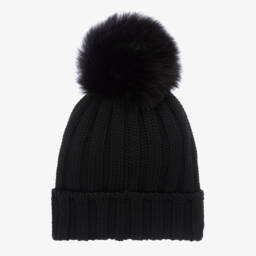 Catya-Girls Woolly Black Pom-Pom Beanie | Childrensalon Outlet