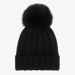 Catya-Girls Woolly Black Pom-Pom Beanie | Childrensalon Outlet