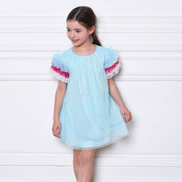 Charabia-فستان تول بأكمام كشكش لون أزرق | Childrensalon Outlet