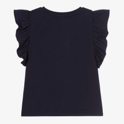 Charabia-Girls Blue Cotton Cat T-Shirt | Childrensalon Outlet