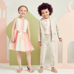 Charabia-فستان تول مقلم بطبعة ملونة | Childrensalon Outlet